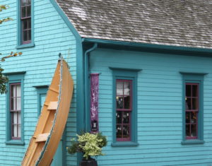 Nancy Ferg blue building and boat, Mahone Bay, Nova Scotia 8-1